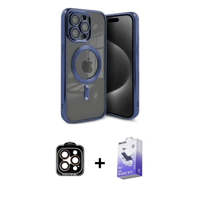 MARSİLYAN™- iPhone 15 Pro Max Kılıf Nova Işık Özel Seri - Siyah Bilvis 5in1 5D Magic Hayalet Cam Ekran Koruyucu + PVD Metal Kamera Lens - TU