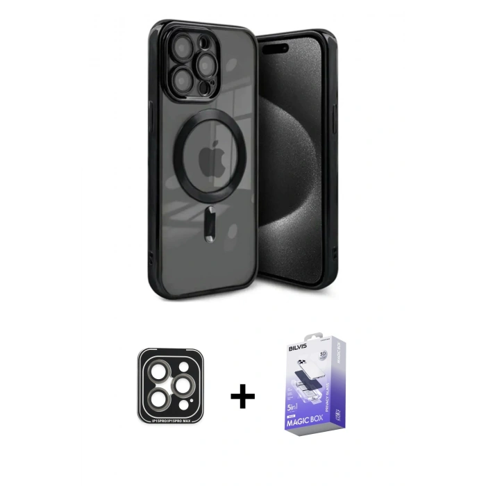 MARSİLYAN™- iPhone 15 Pro Max Kılıf Nova Işık Özel Seri - Siyah Bilvis 5in1 5D Magic Hayalet Cam Ekran Koruyucu + PVD Metal Kamera Lens - GI
