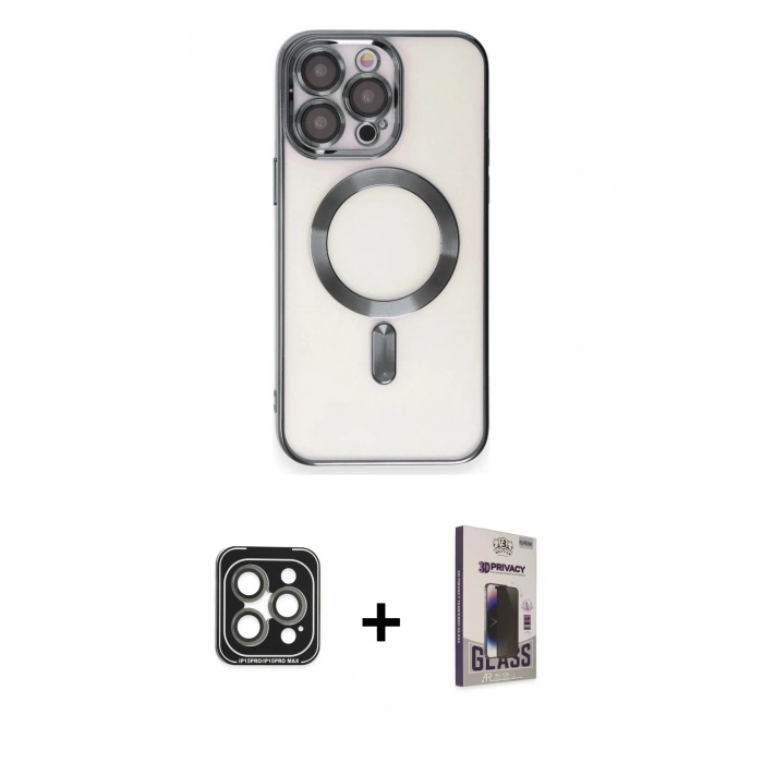 MARSİLYAN™- iPhone 15 Pro Max Kılıf Nova Işık Özel Seri - Siyah Bilvis Hayalet Cam Ekran Koruyucu + Gri PVD Metal Kamera Lens