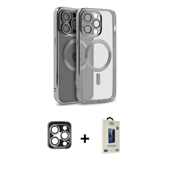 MARSİLYAN™- iPhone 15 Pro Max Kılıf Nova Işık Özel Seri - Siyah Bilvis Hayalet Cam Ekran Koruyucu + PVD Metal Kamera Lens - GS