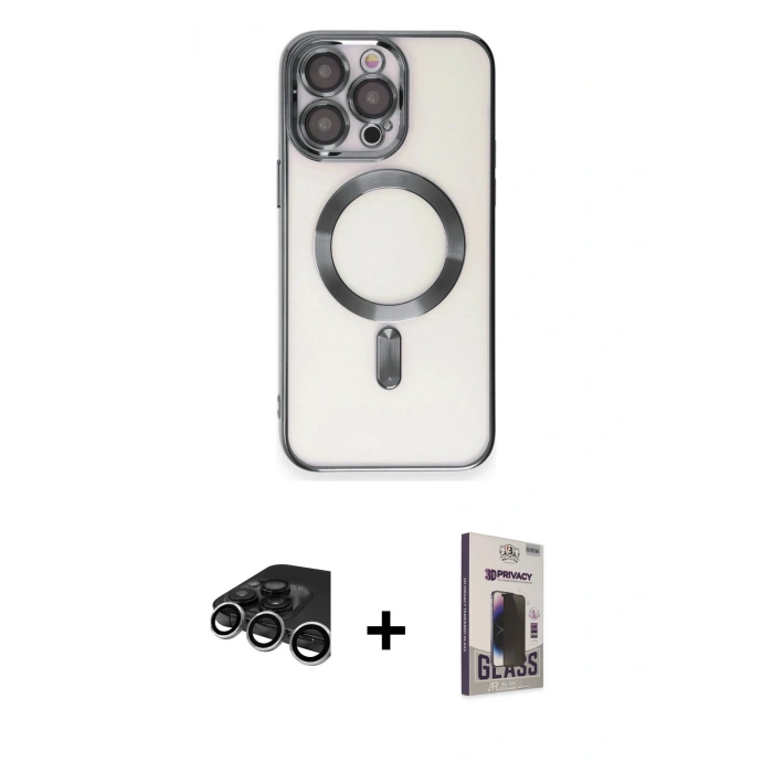 MARSİLYAN™- iPhone 15 Pro Max Kılıf Nova Işık Özel Seri - Siyah Bilvis Hayalet Cam Ekran Koruyucu + Gümüş Raze Metal Kamera Lens