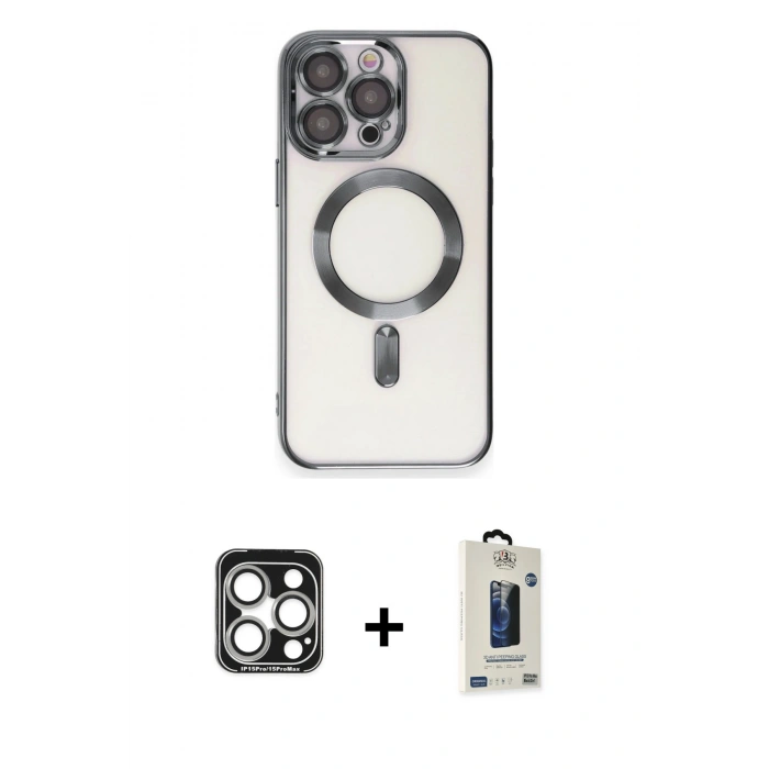 MARSİLYAN™- iPhone 15 Pro Max Kılıf Nova Işık Özel Seri - Siyah Bilvis Hayalet Cam Ekran Koruyucu + PVD Metal Kamera Lens - GS