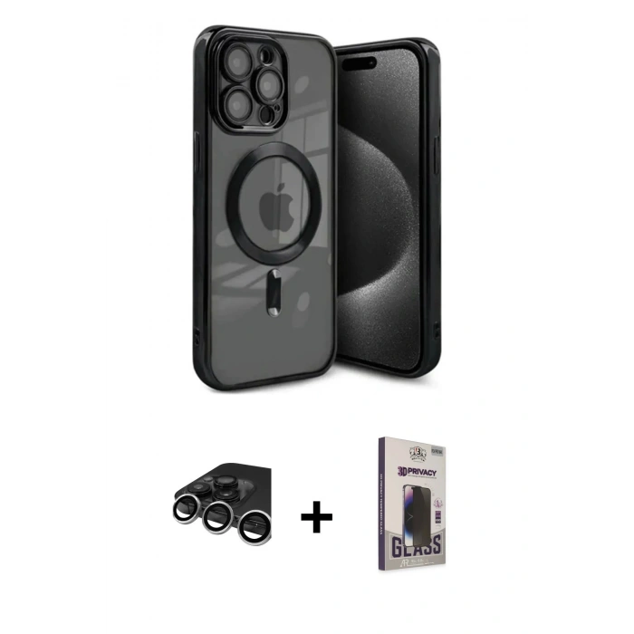 MARSİLYAN™- iPhone 15 Pro Max Kılıf Nova Işık Özel Seri - Siyah Bilvis Hayalet Cam Ekran Koruyucu + Gümüş Raze Metal Kamera Lens