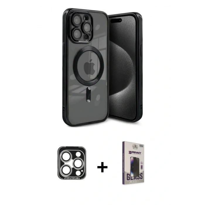 MARSİLYAN™- iPhone 15 Pro Max Kılıf Nova Işık Özel Seri - Siyah Bilvis Hayalet Cam Ekran Koruyucu + Gümüş PVD Metal Kamera Lens
