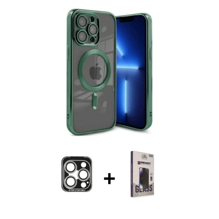MARSİLYAN™- iPhone 15 Pro Max Kılıf Nova Işık Özel Seri - Siyah Bilvis Hayalet Cam Ekran Koruyucu + Gümüş PVD Metal Kamera Lens