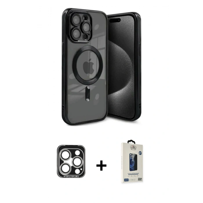 MARSİLYAN™- iPhone 15 Pro Max Kılıf Nova Işık Özel Seri - Siyah Bilvis Hayalet Cam Ekran Koruyucu + PVD Metal Kamera Lens - GS