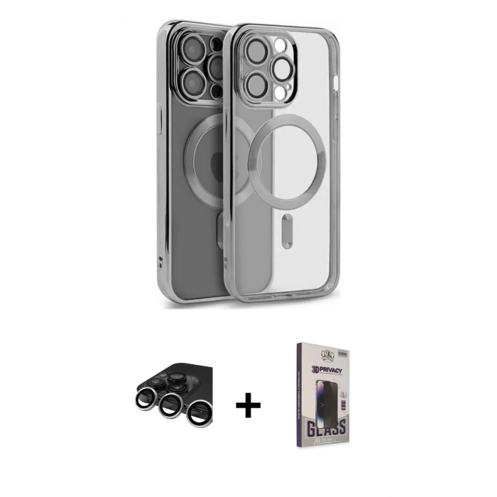 MARSİLYAN™- iPhone 15 Pro Max Kılıf Nova Işık Özel Seri - Siyah Bilvis Hayalet Cam Ekran Koruyucu + Gümüş Raze Metal Kamera Lens