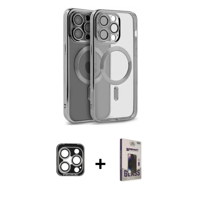 MARSİLYAN™- iPhone 15 Pro Max Kılıf Nova Işık Özel Seri - Siyah Bilvis Hayalet Cam Ekran Koruyucu + Gümüş PVD Metal Kamera Lens