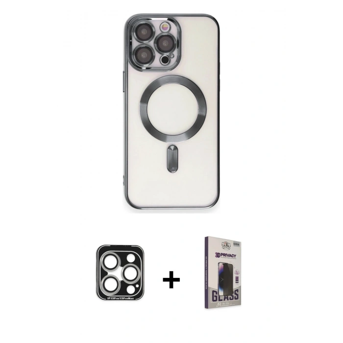 MARSİLYAN™- iPhone 15 Pro Max Kılıf Nova Işık Özel Seri - Siyah Bilvis Hayalet Cam Ekran Koruyucu + Gümüş PVD Metal Kamera Lens