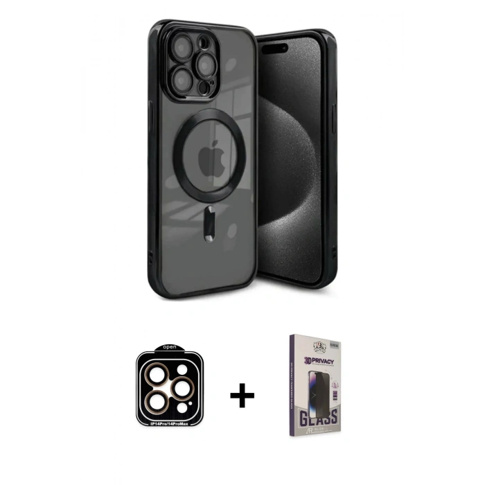 MARSİLYAN™- iPhone 15 Pro Max Kılıf Nova Işık Özel Seri - Siyah Bilvis Hayalet Cam Ekran Koruyucu + PVD Metal Kamera Lens - TU