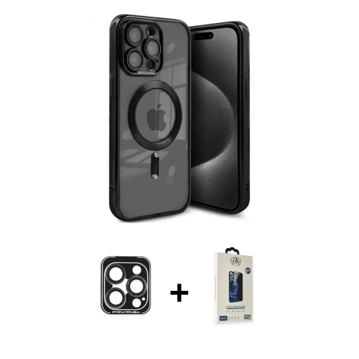 MARSİLYAN™- iPhone 15 Pro Max Kılıf Nova Işık Özel Seri - Siyah Bilvis Hayalet Cam Ekran Koruyucu + PVD Metal Kamera Lens - LT