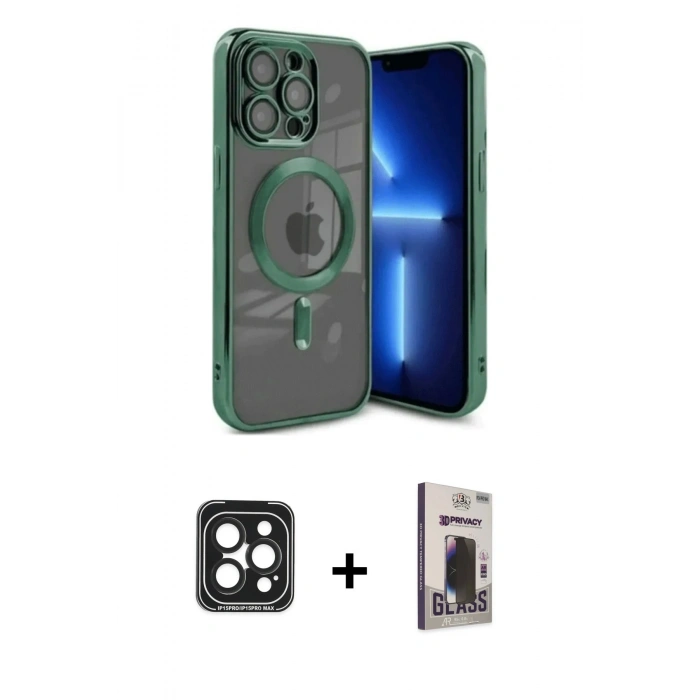 MARSİLYAN™- iPhone 15 Pro Max Kılıf Nova Işık Özel Seri - Siyah Bilvis Hayalet Cam Ekran Koruyucu + PVD Metal Kamera Lens - SH