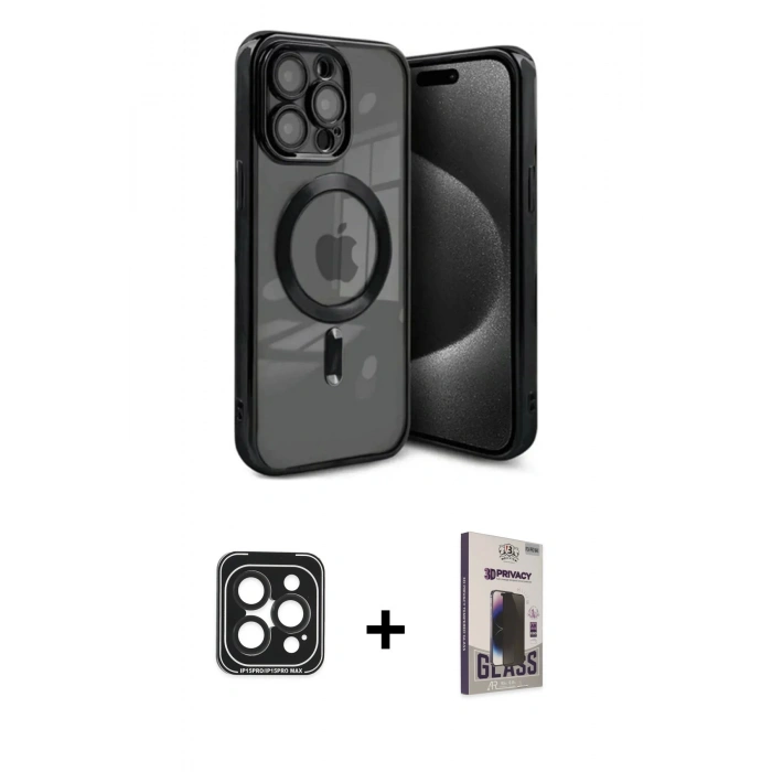 MARSİLYAN™- iPhone 15 Pro Max Kılıf Nova Işık Özel Seri - Siyah Bilvis Hayalet Cam Ekran Koruyucu + PVD Metal Kamera Lens - SH