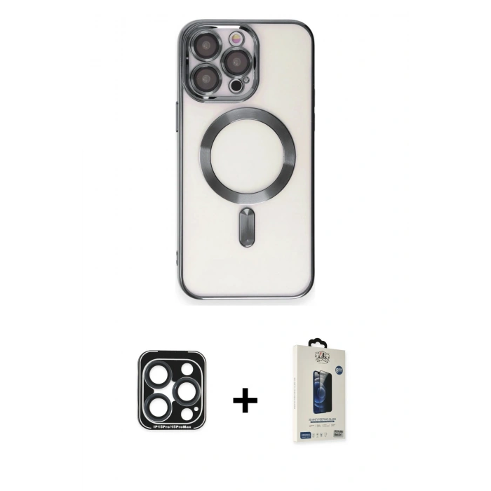 MARSİLYAN™- iPhone 15 Pro Max Kılıf Nova Işık Özel Seri - Siyah Bilvis Hayalet Cam Ekran Koruyucu + PVD Metal Kamera Lens - LT