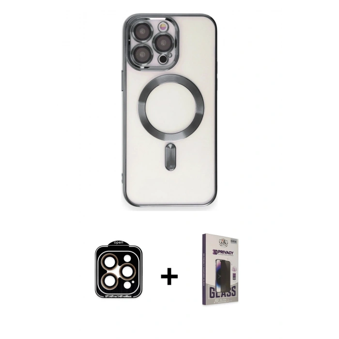 MARSİLYAN™- iPhone 15 Pro Max Kılıf Nova Işık Özel Seri - Siyah Bilvis Hayalet Cam Ekran Koruyucu + PVD Metal Kamera Lens - TU