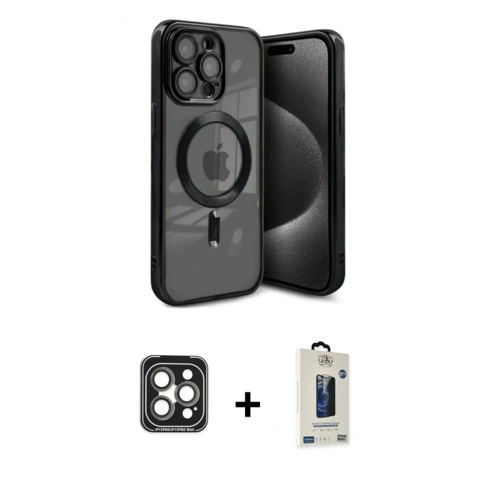 MARSİLYAN™- iPhone 15 Pro Max Kılıf Nova Işık Özel Seri - Siyah Bilvis Hayalet Cam Ekran Koruyucu + PVD Metal Kamera Lens - GI