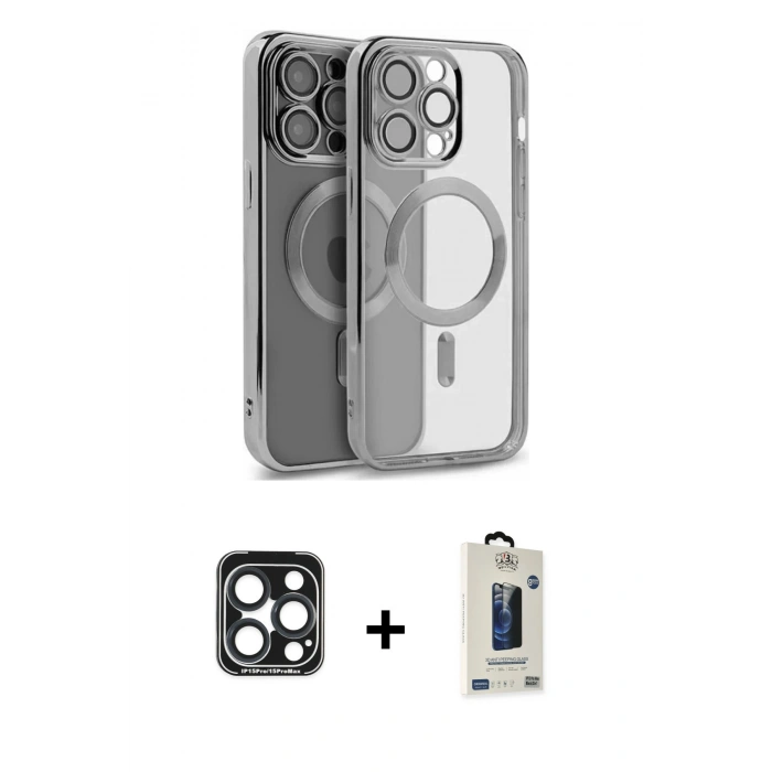 MARSİLYAN™- iPhone 15 Pro Max Kılıf Nova Işık Özel Seri - Siyah Bilvis Hayalet Cam Ekran Koruyucu + PVD Metal Kamera Lens - LT