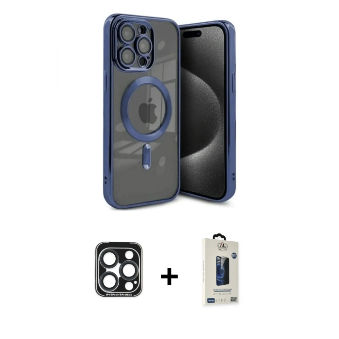 MARSİLYAN™- iPhone 15 Pro Max Kılıf Nova Işık Özel Seri - Siyah Bilvis Hayalet Cam Ekran Koruyucu + PVD Metal Kamera Lens - LT