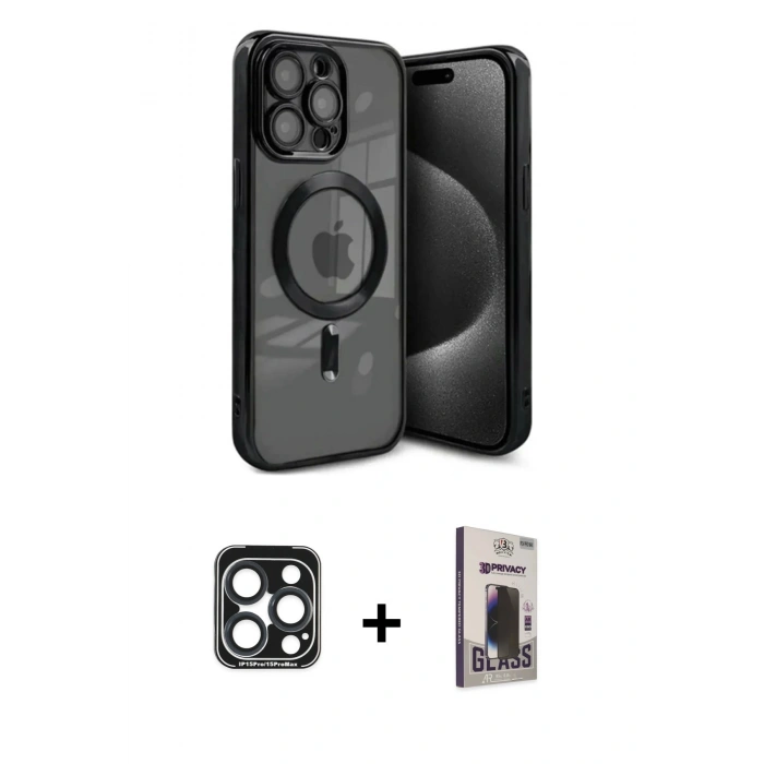 MARSİLYAN™- iPhone 15 Pro Max Kılıf Nova Işık Özel Seri - Siyah Bilvis Hayalet Cam Ekran Koruyucu + PVD Metal Kamera Lens - LT