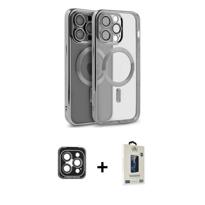 MARSİLYAN™- iPhone 15 Pro Max Kılıf Nova Işık Özel Seri - Siyah Bilvis Hayalet Cam Ekran Koruyucu + PVD Metal Kamera Lens - GI