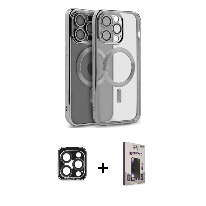 MARSİLYAN™- iPhone 15 Pro Max Kılıf Nova Işık Özel Seri - Siyah Bilvis Hayalet Cam Ekran Koruyucu + PVD Metal Kamera Lens - LT