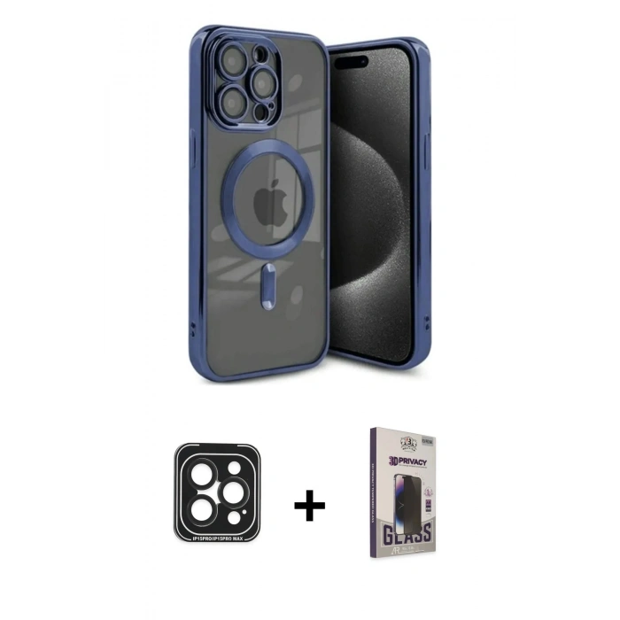 MARSİLYAN™- iPhone 15 Pro Max Kılıf Nova Işık Özel Seri - Siyah Bilvis Hayalet Cam Ekran Koruyucu + PVD Metal Kamera Lens - SH
