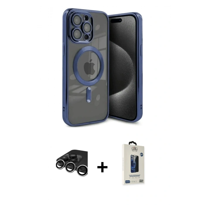MARSİLYAN™- iPhone 15 Pro Max Kılıf Nova Işık Özel Seri - Siyah Bilvis Hayalet Cam Ekran Koruyucu + Raze Metal Kamera Lens - GS