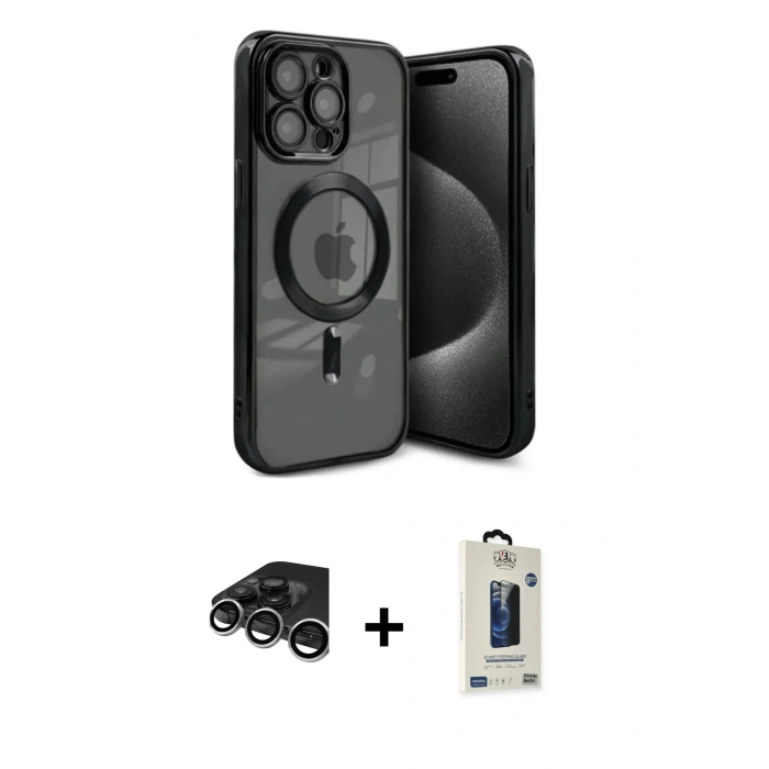 MARSİLYAN™- iPhone 15 Pro Max Kılıf Nova Işık Özel Seri - Siyah Bilvis Hayalet Cam Ekran Koruyucu + Raze Metal Kamera Lens - GS