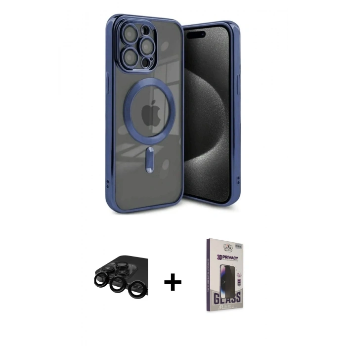 MARSİLYAN™- iPhone 15 Pro Max Kılıf Nova Işık Özel Seri - Siyah Bilvis Hayalet Cam Ekran Koruyucu + Raze Metal Kamera Lens - SH