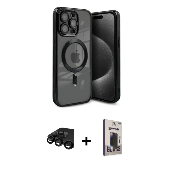 MARSİLYAN™- iPhone 15 Pro Max Kılıf Nova Işık Özel Seri - Siyah Bilvis Hayalet Cam Ekran Koruyucu + Raze Metal Kamera Lens - SH