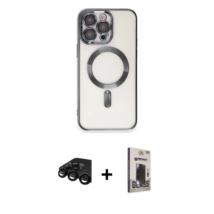 MARSİLYAN™- iPhone 15 Pro Max Kılıf Nova Işık Özel Seri - Siyah Bilvis Hayalet Cam Ekran Koruyucu + Raze Metal Kamera Lens - SH
