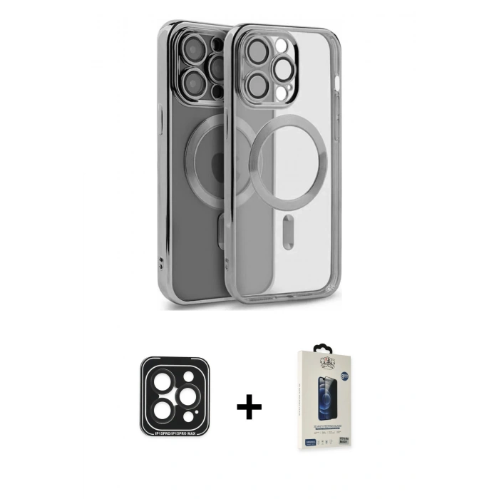 MARSİLYAN™- iPhone 15 Pro Max Kılıf Nova Işık Özel Seri - Siyah Bilvis Hayalet Cam Ekran Koruyucu + PVD Metal Kamera Lens - SH