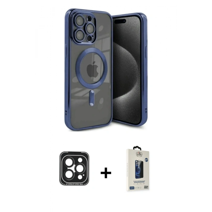 MARSİLYAN™- iPhone 15 Pro Max Kılıf Nova Işık Özel Seri - Siyah Bilvis Hayalet Cam Ekran Koruyucu + PVD Metal Kamera Lens - SH