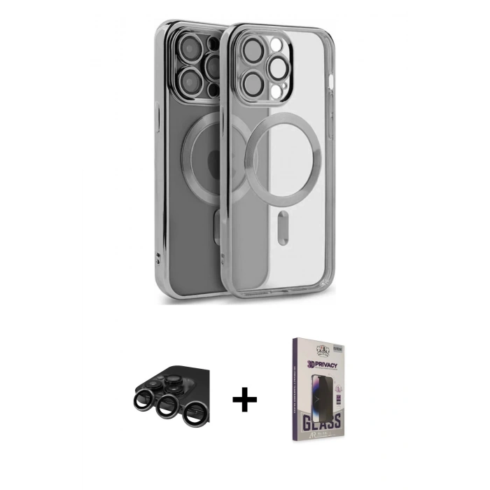 MARSİLYAN™- iPhone 15 Pro Max Kılıf Nova Işık Özel Seri - Siyah Bilvis Hayalet Cam Ekran Koruyucu + Raze Metal Kamera Lens - TMGI