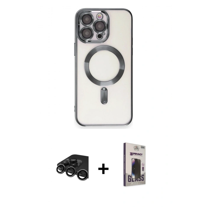 MARSİLYAN™- iPhone 15 Pro Max Kılıf Nova Işık Özel Seri - Siyah Bilvis Hayalet Cam Ekran Koruyucu + Raze Metal Kamera Lens - TMGI