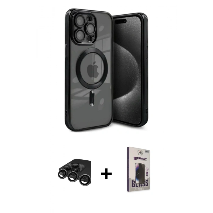 MARSİLYAN™- iPhone 15 Pro Max Kılıf Nova Işık Özel Seri - Siyah Bilvis Hayalet Cam Ekran Koruyucu + Raze Metal Kamera Lens - TMGI