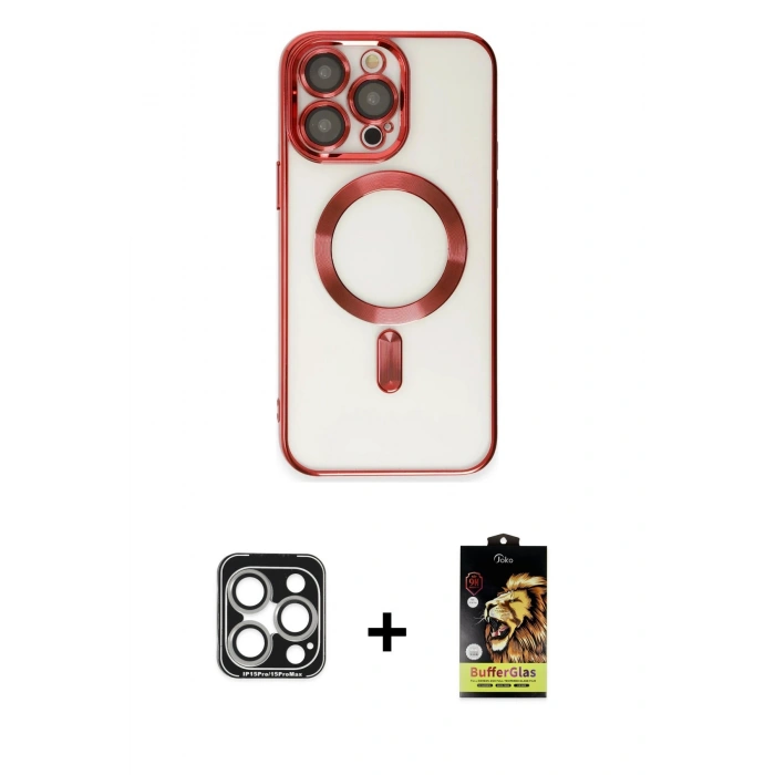 MARSİLYAN™- iPhone 15 Pro Max Kılıf Nova Işık Özel Seri - Siyah Buffer Cam Ekran Koruyucu + Gümüş PVD Metal Kamera Lens
