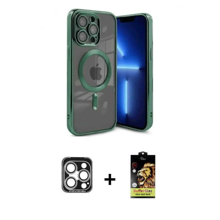 MARSİLYAN™- iPhone 15 Pro Max Kılıf Nova Işık Özel Seri - Siyah Buffer Cam Ekran Koruyucu + Gümüş PVD Metal Kamera Lens