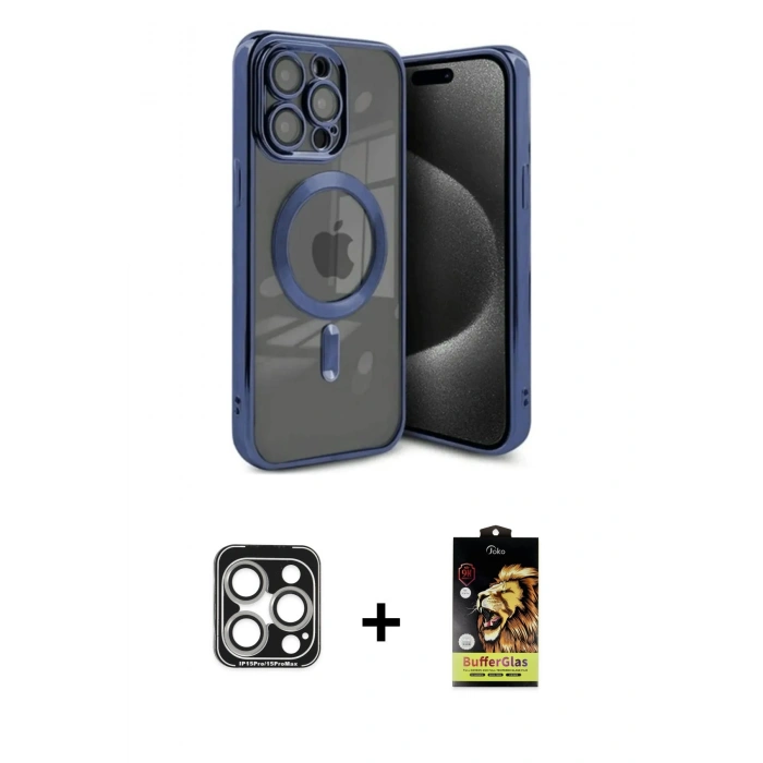 MARSİLYAN™- iPhone 15 Pro Max Kılıf Nova Işık Özel Seri - Siyah Buffer Cam Ekran Koruyucu + Gümüş PVD Metal Kamera Lens