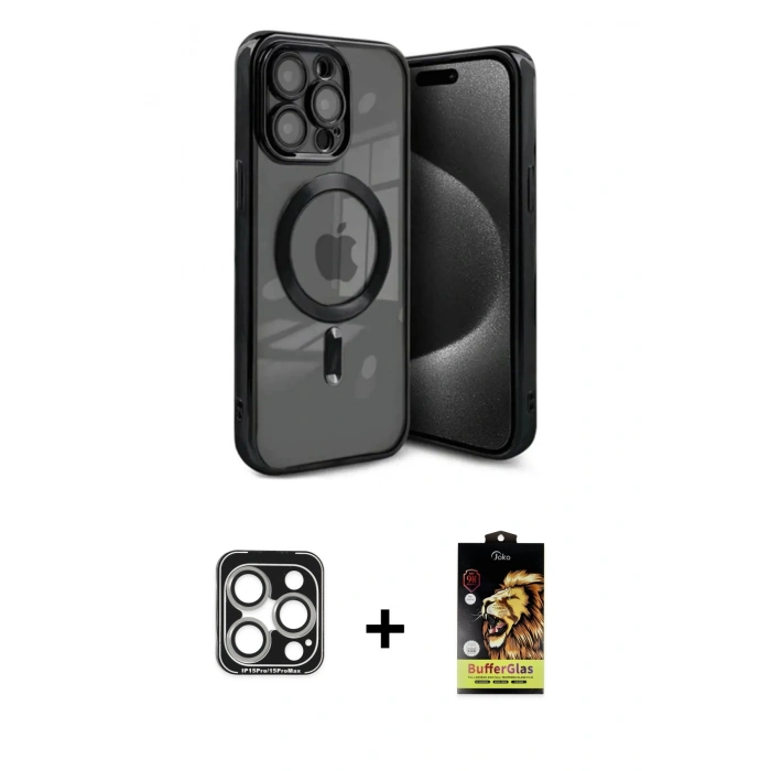 MARSİLYAN™- iPhone 15 Pro Max Kılıf Nova Işık Özel Seri - Siyah Buffer Cam Ekran Koruyucu + Gümüş PVD Metal Kamera Lens