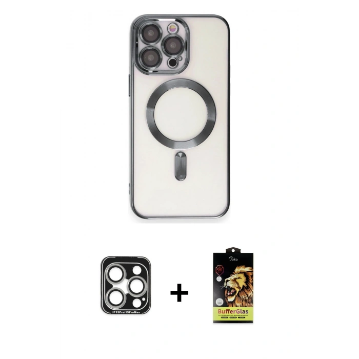 MARSİLYAN™- iPhone 15 Pro Max Kılıf Nova Işık Özel Seri - Siyah Buffer Cam Ekran Koruyucu + Gümüş PVD Metal Kamera Lens