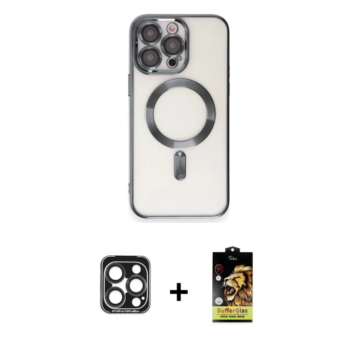 MARSİLYAN™- iPhone 15 Pro Max Kılıf Nova Işık Özel Seri - Siyah Buffer Cam Ekran Koruyucu + PVD Metal Kamera Lens - LT