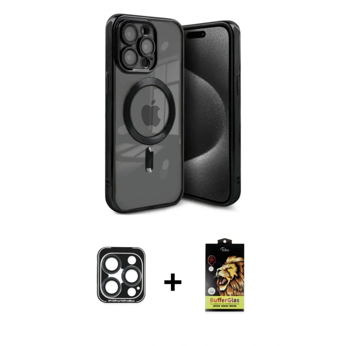 MARSİLYAN™- iPhone 15 Pro Max Kılıf Nova Işık Özel Seri - Siyah Buffer Cam Ekran Koruyucu + PVD Metal Kamera Lens - LT