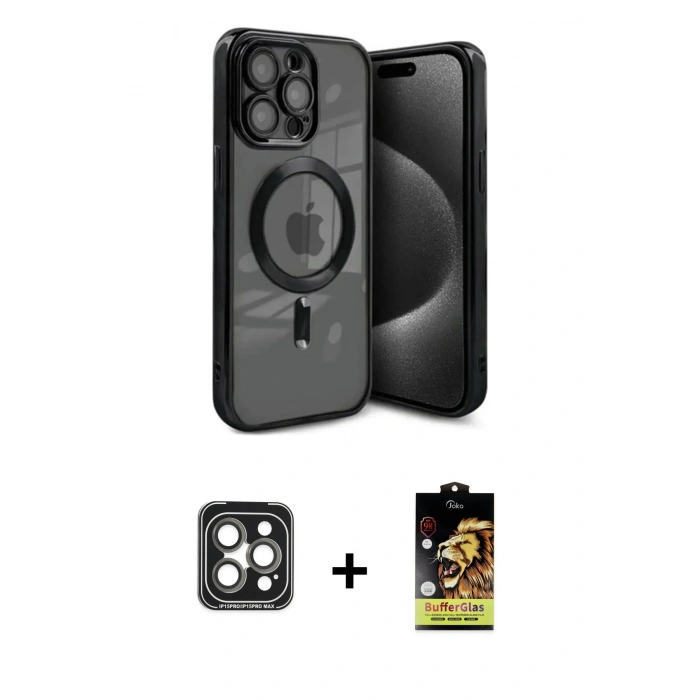 MARSİLYAN™- iPhone 15 Pro Max Kılıf Nova Işık Özel Seri - Siyah Buffer Cam Ekran Koruyucu + PVD Metal Kamera Lens - GI