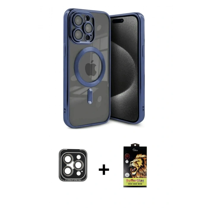 MARSİLYAN™- iPhone 15 Pro Max Kılıf Nova Işık Özel Seri - Siyah Buffer Cam Ekran Koruyucu + PVD Metal Kamera Lens - GI