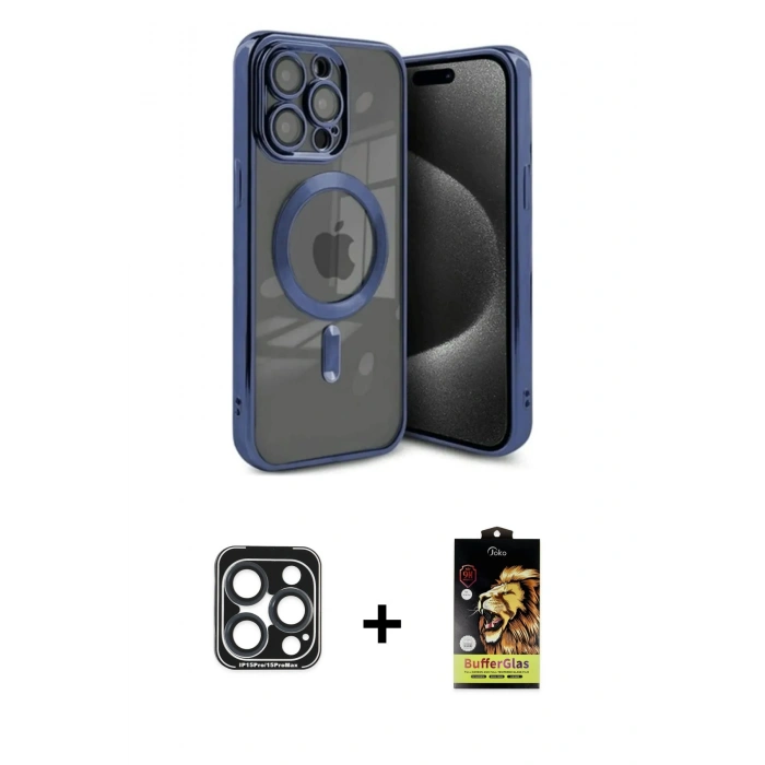 MARSİLYAN™- iPhone 15 Pro Max Kılıf Nova Işık Özel Seri - Siyah Buffer Cam Ekran Koruyucu + PVD Metal Kamera Lens - LT