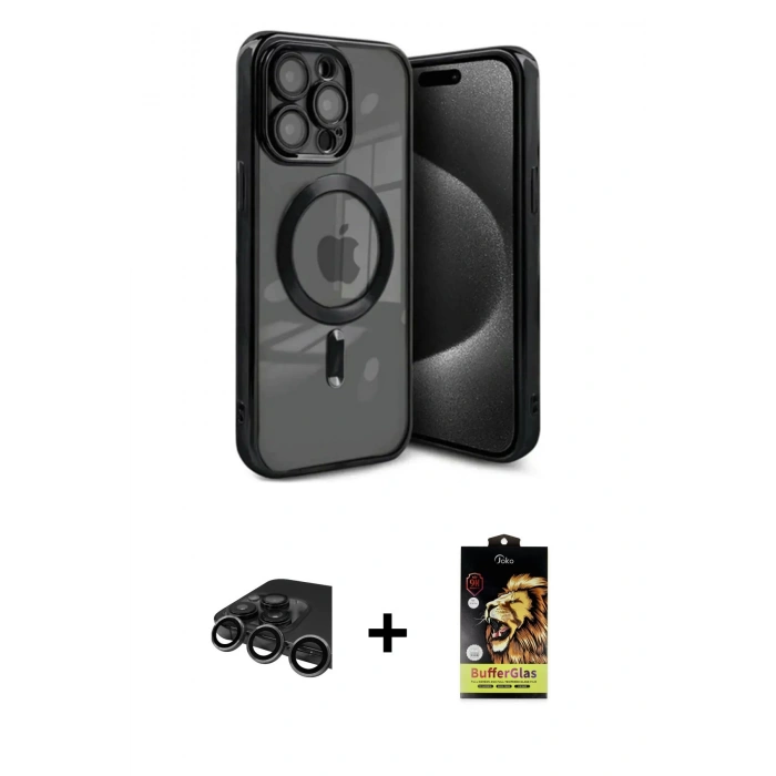MARSİLYAN™- iPhone 15 Pro Max Kılıf Nova Işık Özel Seri - Siyah Buffer Cam Ekran Koruyucu + Raze Metal Kamera Lens - TMGI