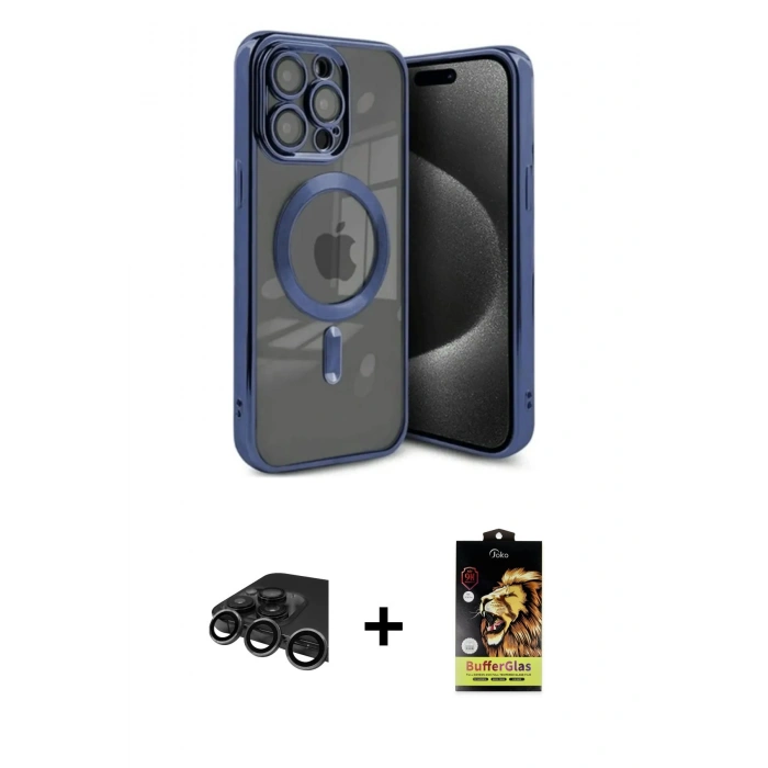 MARSİLYAN™- iPhone 15 Pro Max Kılıf Nova Işık Özel Seri - Siyah Buffer Cam Ekran Koruyucu + Raze Metal Kamera Lens - TMGI