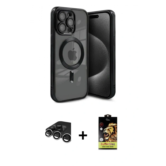 MARSİLYAN™- iPhone 15 Pro Max Kılıf Nova Işık Özel Seri - Siyah Buffer Cam Ekran Koruyucu + Raze Metal Kamera Lens - GS