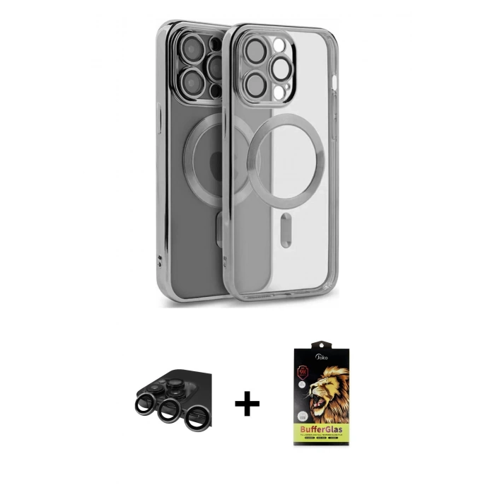 MARSİLYAN™- iPhone 15 Pro Max Kılıf Nova Işık Özel Seri - Siyah Buffer Cam Ekran Koruyucu + Raze Metal Kamera Lens - TMGI